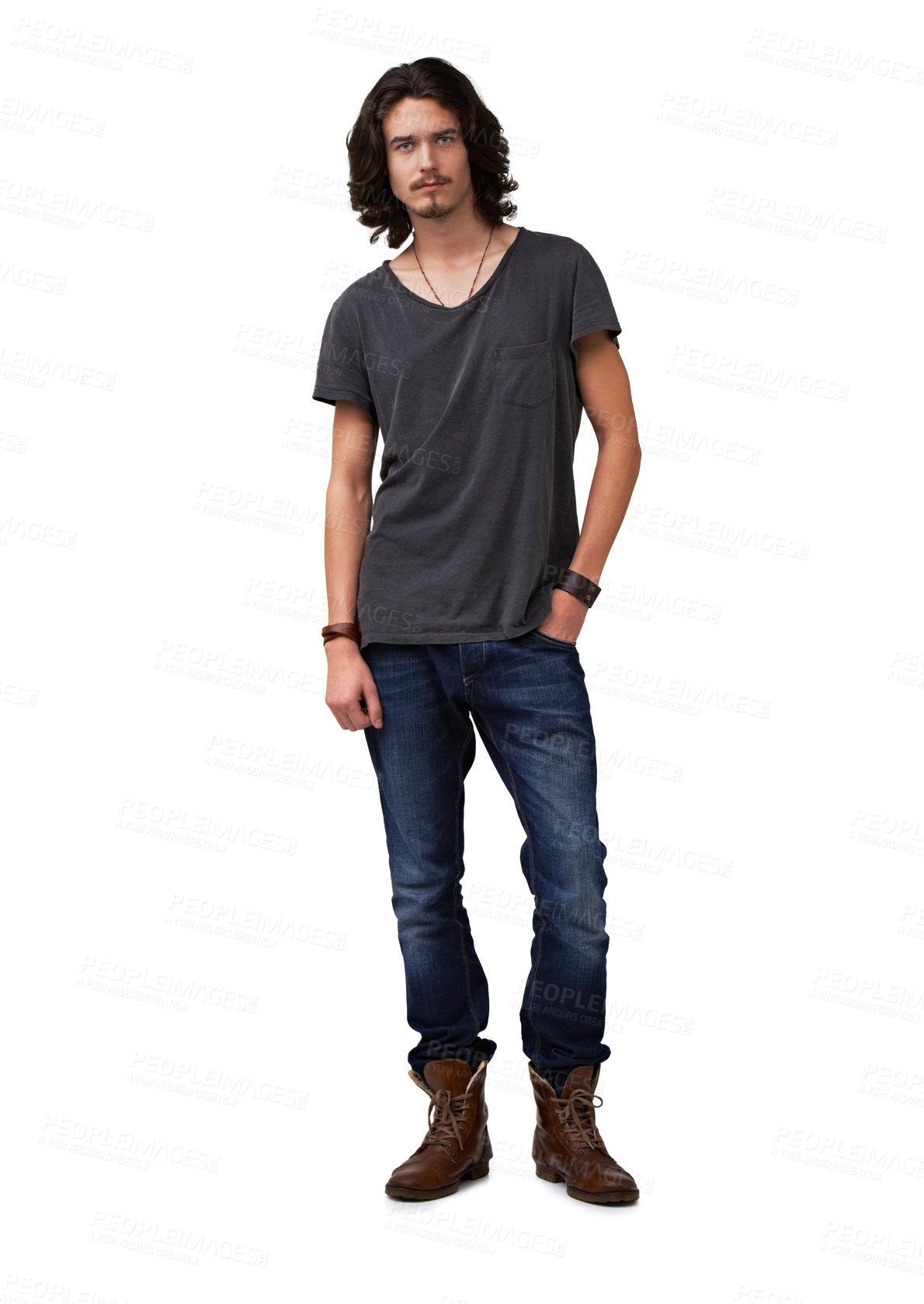 Buy stock photo Fashion portrait, relax and studio man with casual outfit, trendy style or confident in hipster apparel, jeans and cotton tshirt. Clothes, aesthetic or stylish male model isolated on white background