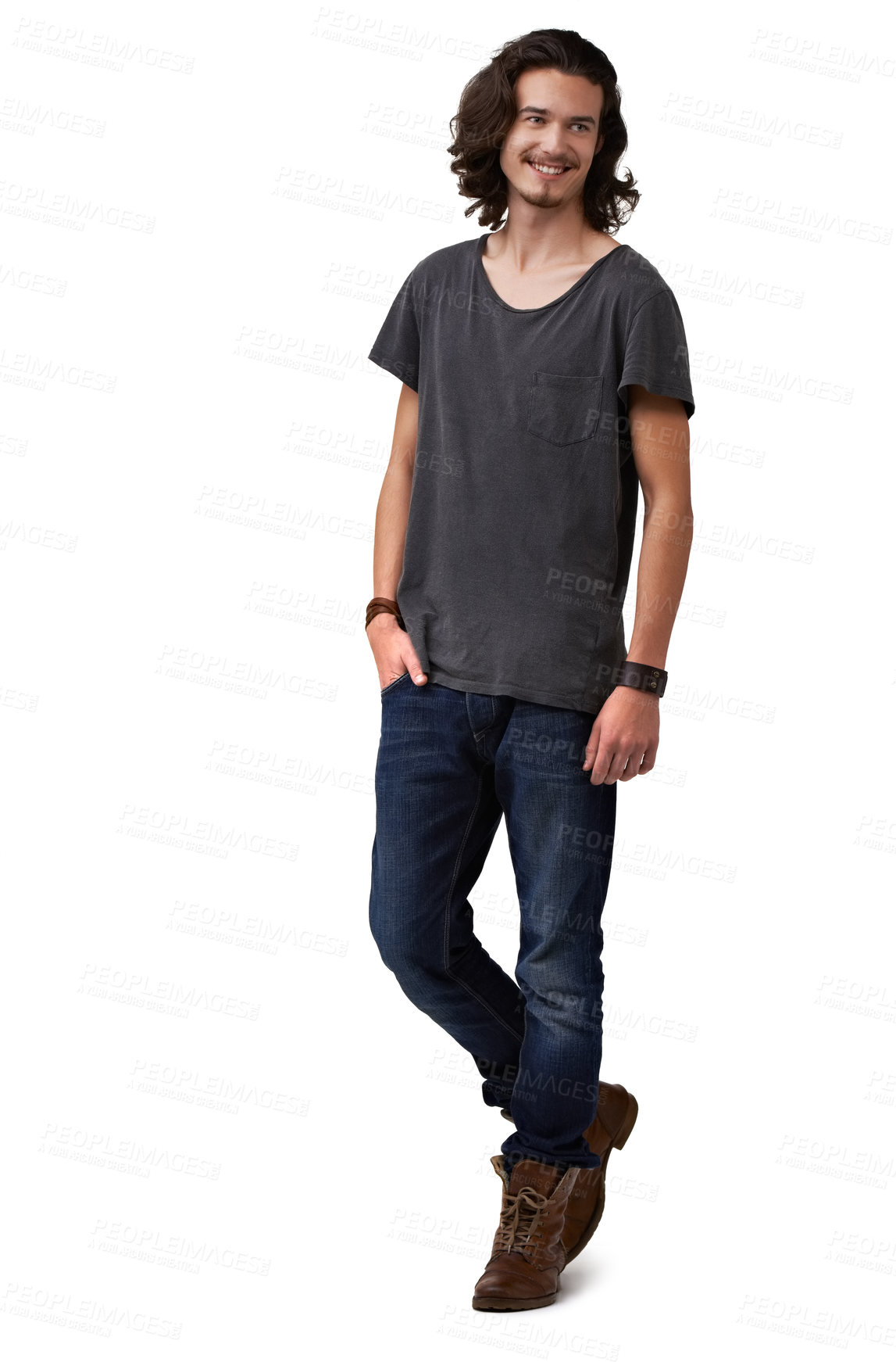 Buy stock photo Studio fashion, happy and man relax with casual outfit, trendy style or confident in hipster apparel clothes. Happiness, mockup space or stylish male model smile isolated on white background