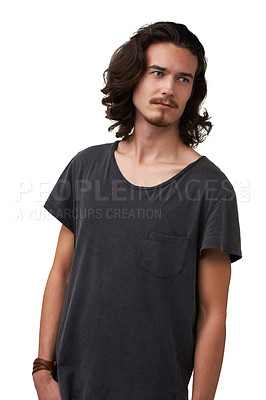 Buy stock photo Studio fashion, thinking and man serious, focus and decision for casual outfit, trendy style or planning hipster apparel clothes. Choice, ideas and stylish male model isolated on white background