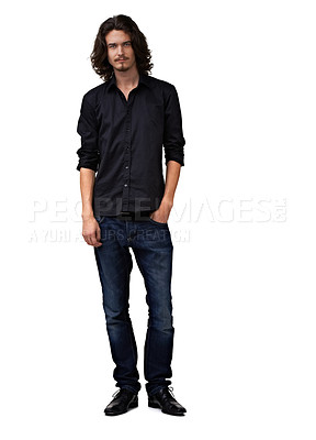 Buy stock photo Fashion model portrait, relax and studio man with casual outfit, trendy style or confident in apparel style, jeans and dress shirt. Clothes, mock up space and stylish male person on white background