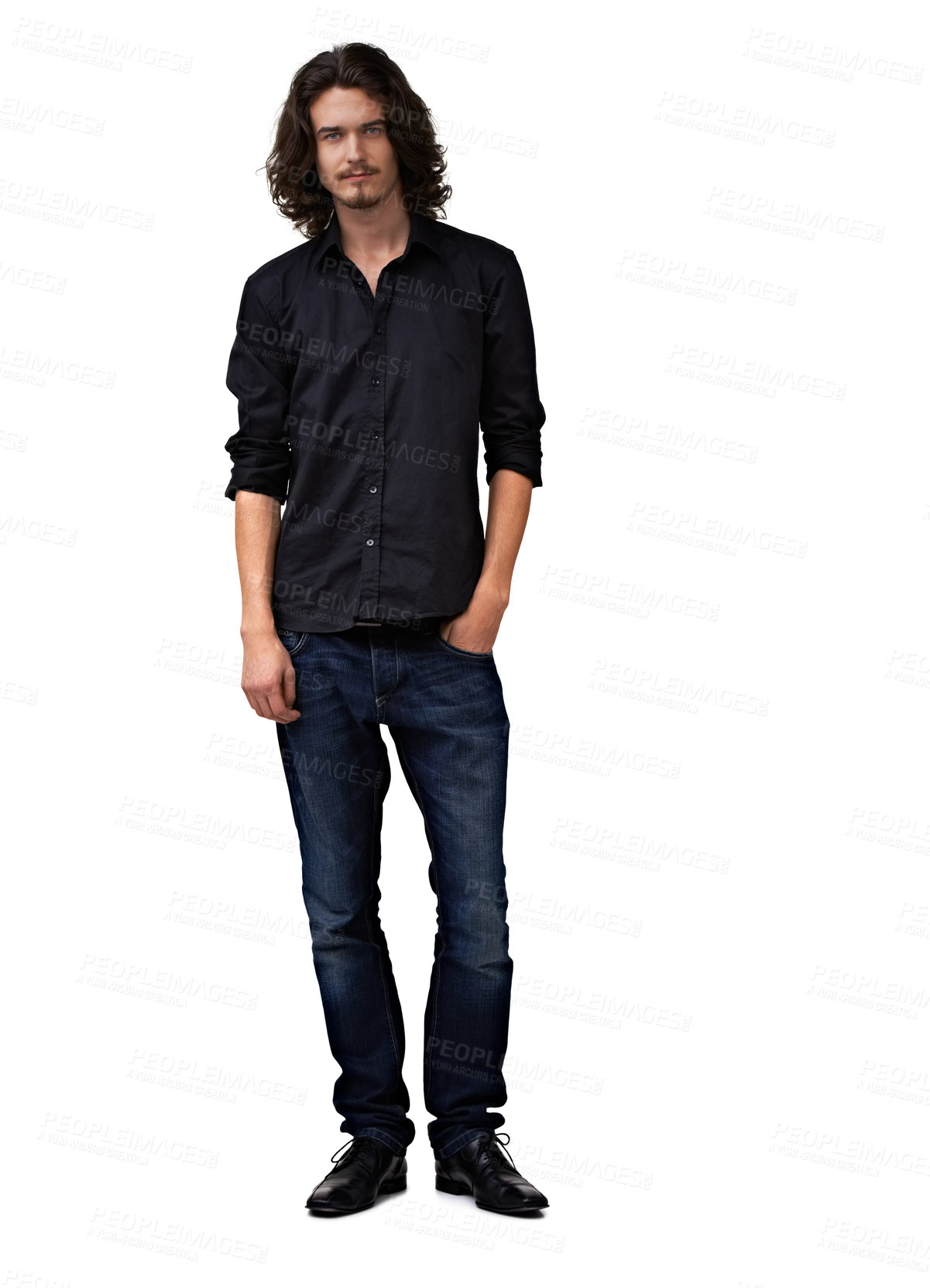 Buy stock photo Fashion model portrait, relax and studio man with casual outfit, trendy style or confident in apparel style, jeans and dress shirt. Clothes, mock up space and stylish male person on white background