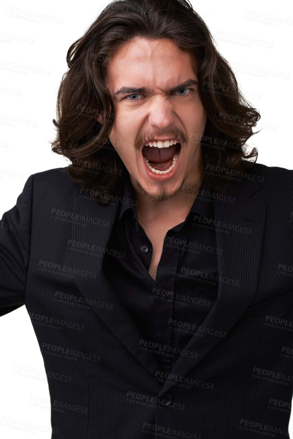 Buy stock photo Fashion suit, portrait or man scream in formal outfit, business attire or angry in fancy, elegant or classy apparel. Smart clothes, crazy facial expression or stylish studio model on white background