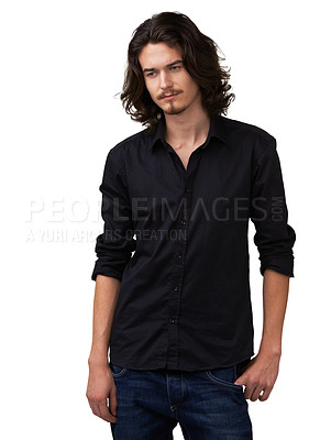 Buy stock photo Fashion model thinking, studio and man sad over casual clothes, trendy style or apparel style problem, shirt and choice. Clothes decision, depression and person outfit crisis on white background