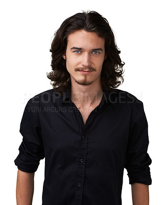 Buy stock photo Fashion portrait, shirt and studio man with semi formal outfit, style or confident pride in apparel, relax attire and stare. Clothes, smile and stylish male model with long hair on white background