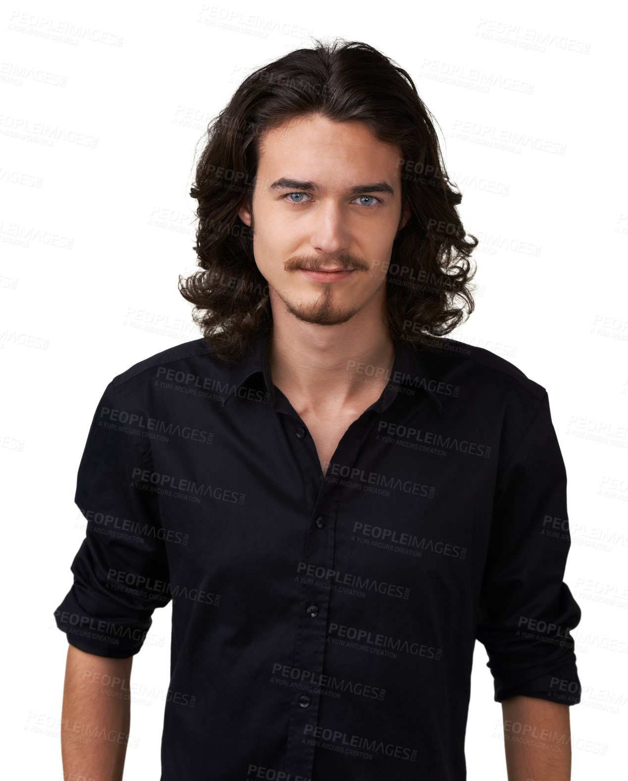 Buy stock photo Fashion portrait, shirt and studio man with semi formal outfit, style or confident pride in apparel, relax attire and stare. Clothes, smile and stylish male model with long hair on white background