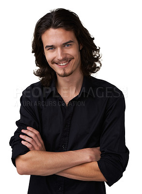 Buy stock photo Fashion portrait, arms crossed and happy man with studio semi formal outfit, style or confident pride in cotton dress shirt. Clothes, happiness or stylish model smile for elegance on white background