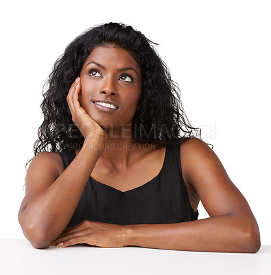 Buy stock photo Face, indian woman and thinking of ideas in studio, mindset and planning goals to remember memory. Inspiration, decision and happy model daydream on white background for vision, hope and solution 