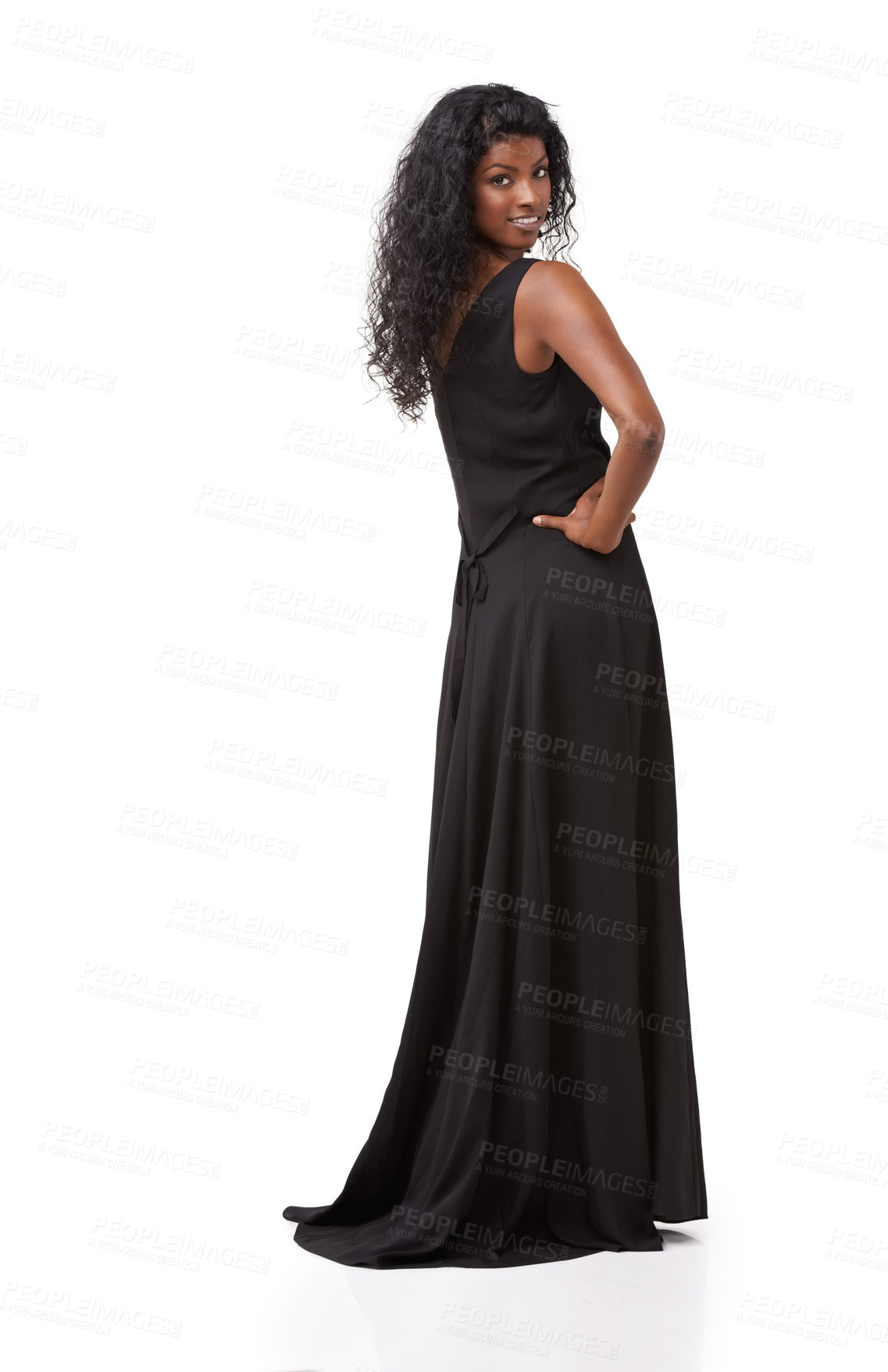 Buy stock photo Back, Indian woman or black dress for celebration, party or summer time isolated on white studio background. Beauty, female or lady with stylish garment, smile or ready for event, fashion or portrait