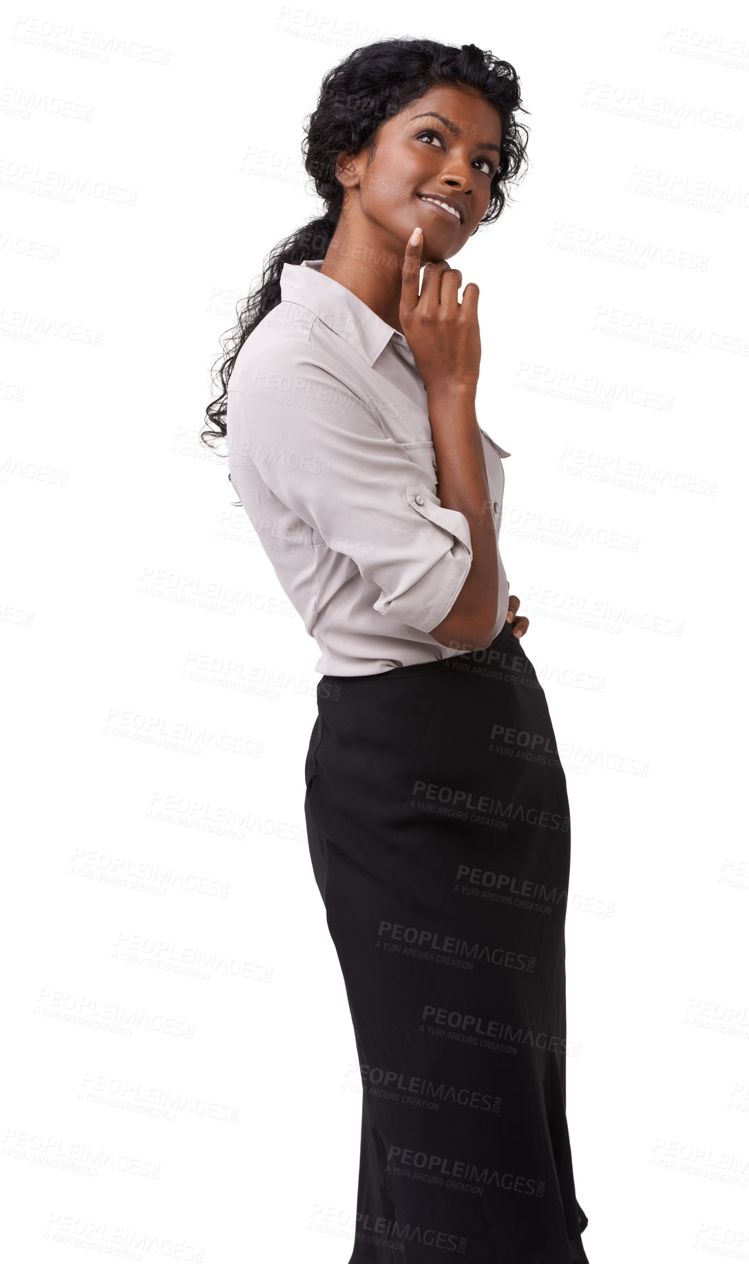 Buy stock photo Thinking, idea and mindset with an indian woman in studio on a white background for contemplation. Future, vision and ideas with a young female contemplating her vision of thoughtful inspiration