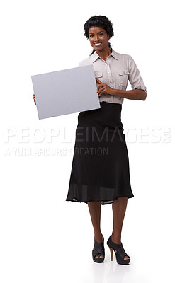 Buy stock photo Portrait, poster and mockup with an indian woman in studio on a white background holding a blank sign. Marketing, advertisng and mock up on paper with a female showing space for product placement