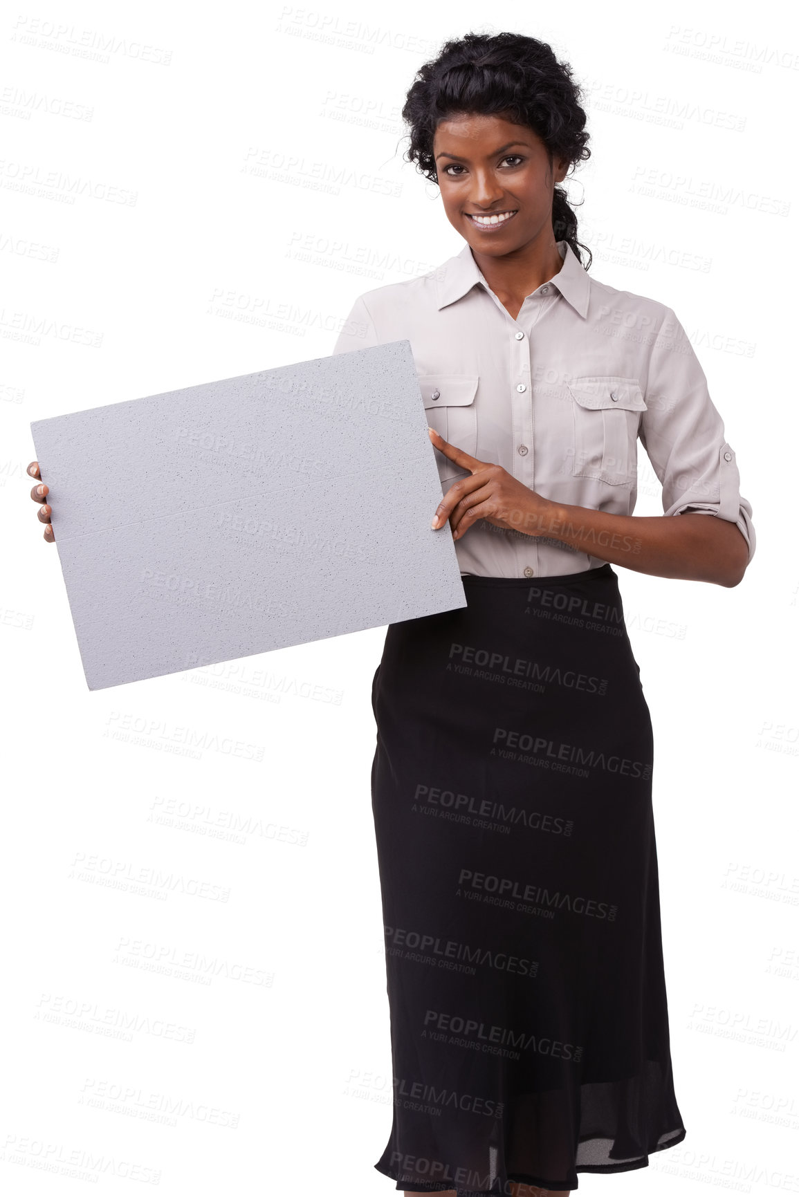 Buy stock photo Portrait, poster and mockup with a woman in studio on a white background for marketing or advertising on blank cardboard. Paper, billboard and branding with a female employee holding mock up space