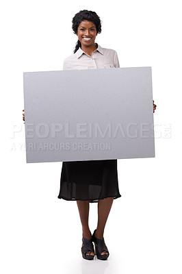 Buy stock photo Black business woman, blank poster and smile portrait for advertising, marketing mockup and corporate banner. African girl, smile and branding motivation or billboard sign in white background studio