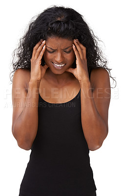 Buy stock photo Headache, stress and burnout with an indian woman in studio on a white background suffering from pressure. Mental health, anxiety and pain with a young woman holding her head in failure or worry