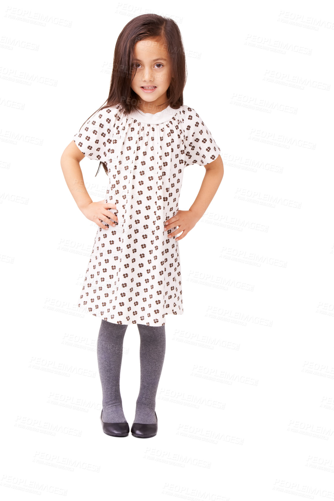 Buy stock photo Studio, child or portrait with smile or fashion on white background with confidence or growth. Hands on hips, cute female kid or full body of young girl in Italy with dress, pride or clothes in style