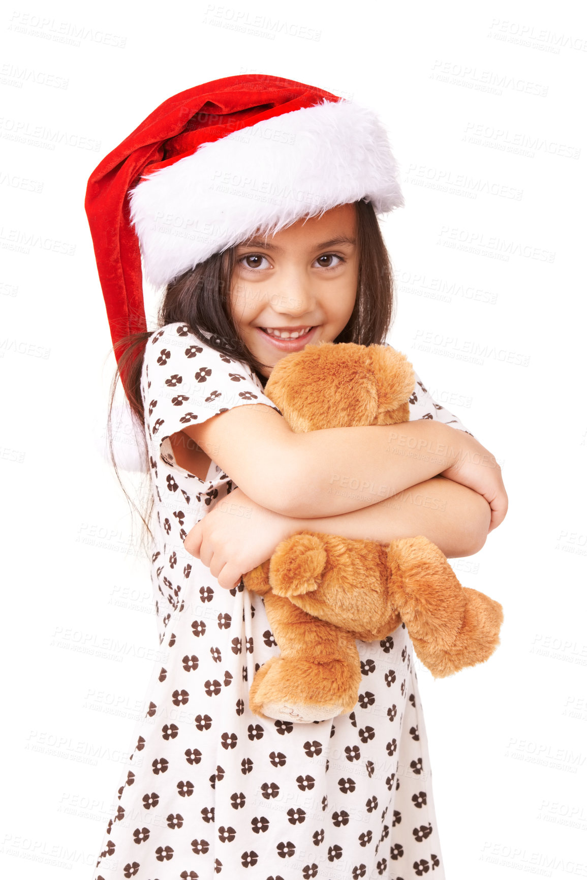 Buy stock photo A portrait of an adorable little girl wearing a santa hat and holding a teddy bear