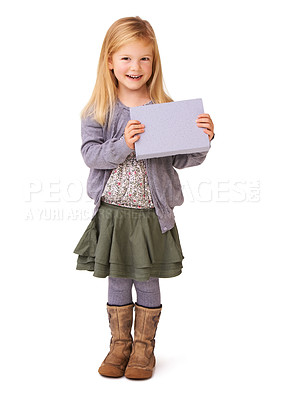 Buy stock photo Portrait, poster and girl with a smile, kid and promotion isolated on a white studio background. Mockup space, person and model with announcement, feedback and opportunity with review, joy and board