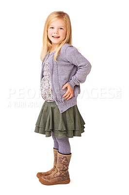 Buy stock photo Cute little girl standing confidently against a white background