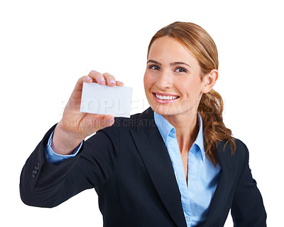 Buy stock photo Woman, portrait and smile with business card mockup space for company information, contact details on white background. Female person, face and blank paper for professional, entrepreneur in studio