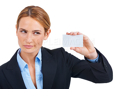 Buy stock photo Woman, business card and mockup in studio for company information, contact details on white background. Female person, blank paper and hand or thinking as corporate, professional or entrepreneur sale