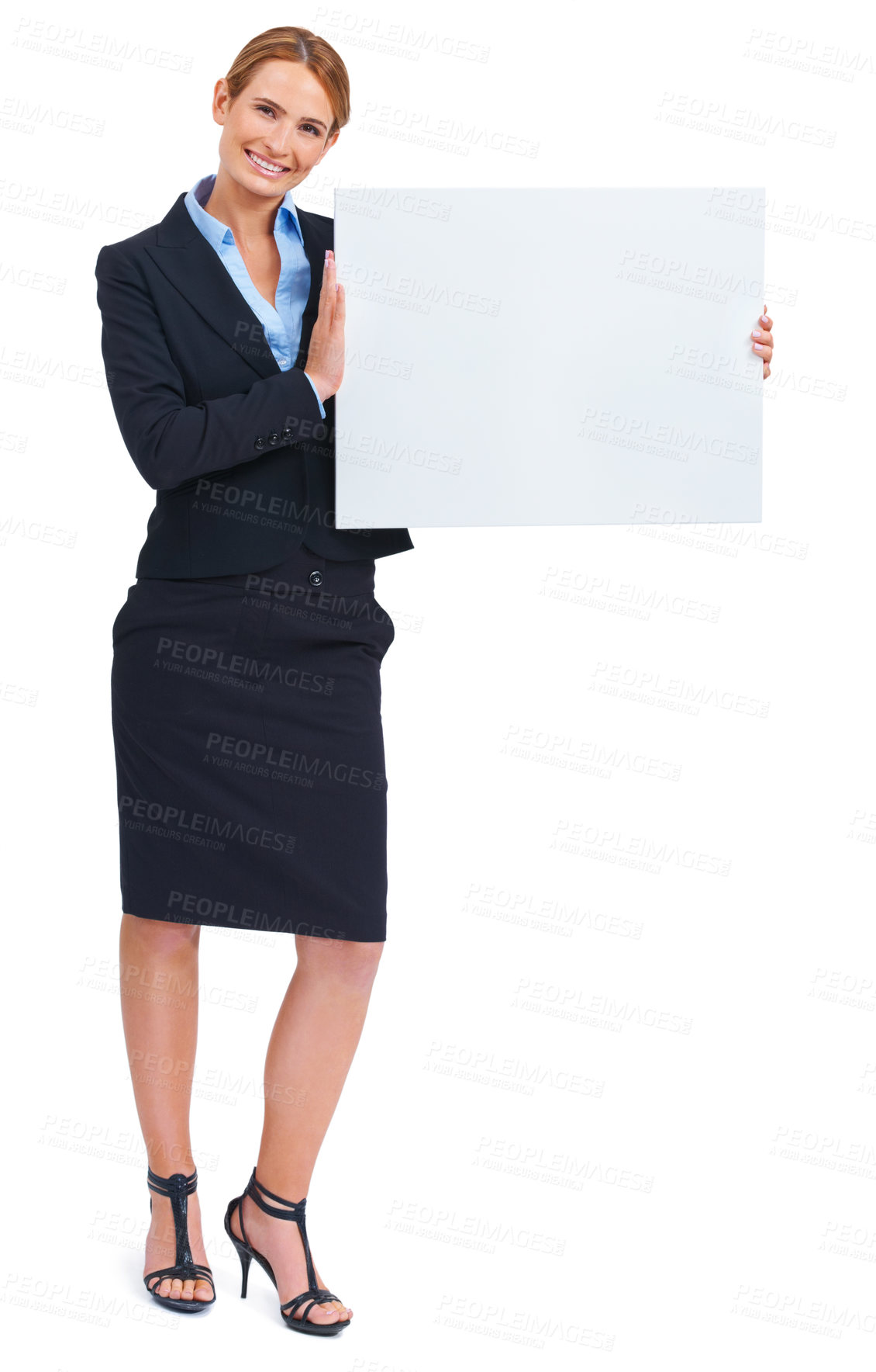 Buy stock photo Woman, portrait and poster mockup in studio for communication news, information or business contact. Female person, board and advertising as corporate worker for about us, signage on white background