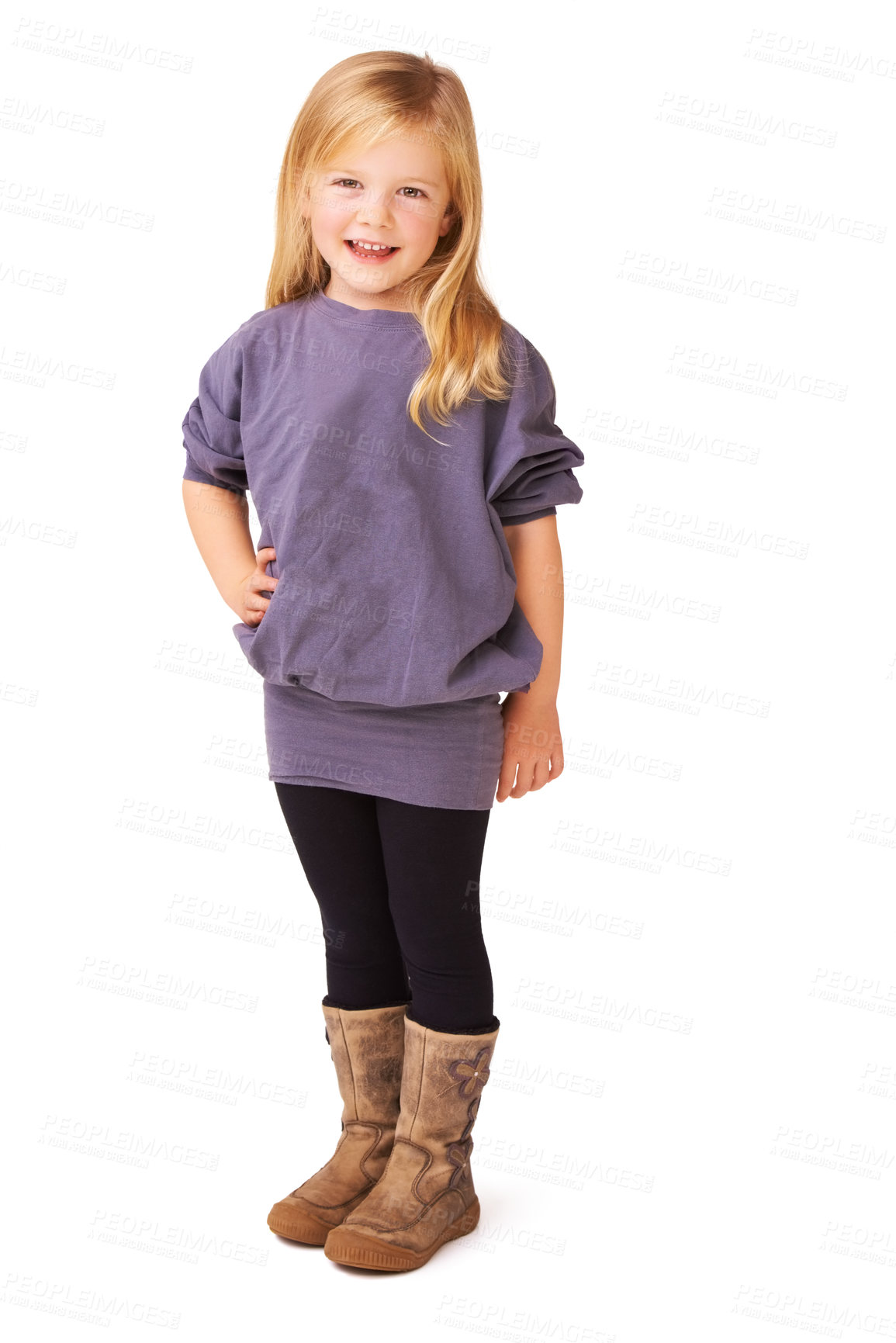 Buy stock photo Smile, style and portrait of kid in studio with casual, cool and trendy outfit for children. Happy, cute and girl model with stylish fashion and positive face expression isolated by white background.