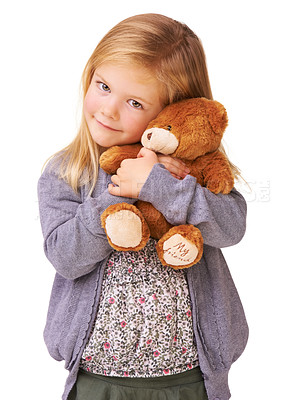 Buy stock photo Portrait, hug and girl with teddy bear, kid and happy isolated on a white studio background. Face, person and model with a toy, embrace and childhood development with joy, play and comfort with care