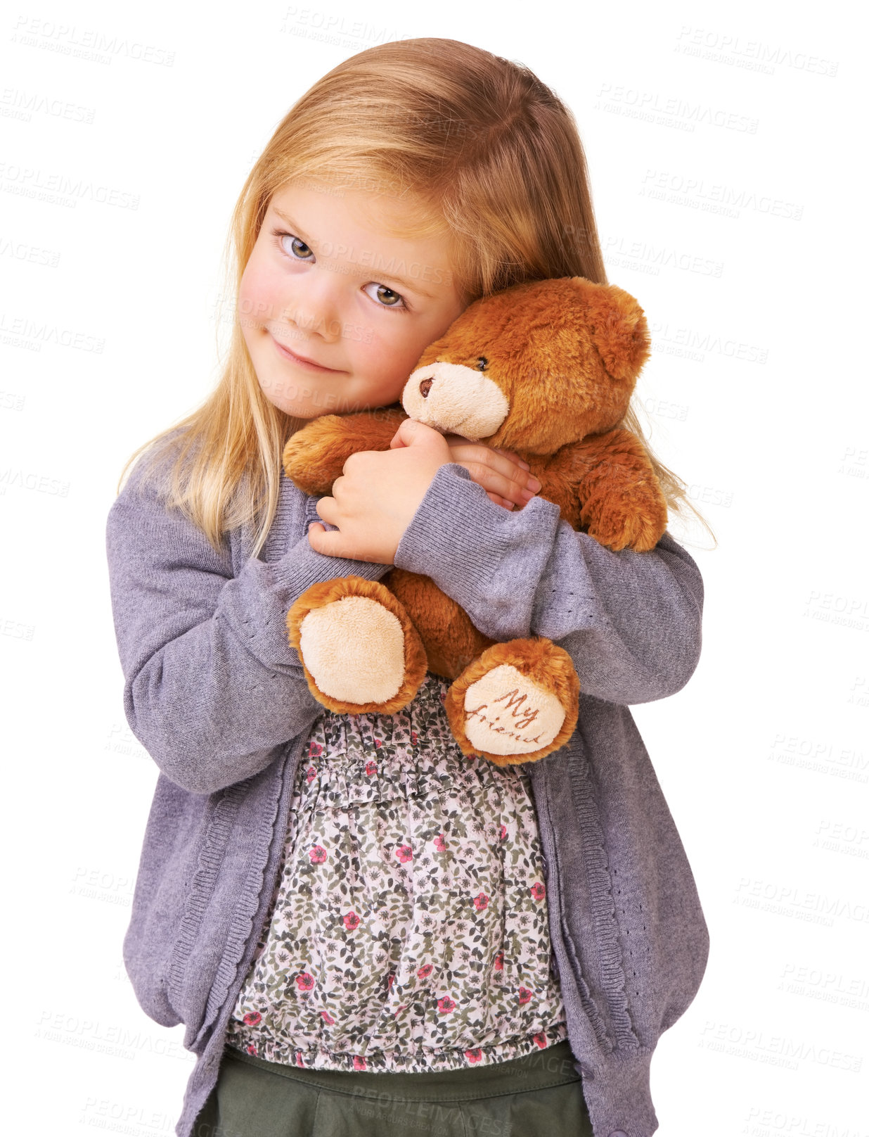 Buy stock photo Portrait, hug and girl with teddy bear, kid and happy isolated on a white studio background. Face, person and model with a toy, embrace and childhood development with joy, play and comfort with care