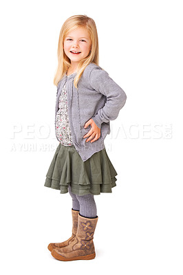 Buy stock photo Fashion, happy and portrait of child in studio with stylish, cool and trendy outfit for kids. Smile, cute and full body of young girl model with casual style and positive attitude by white background