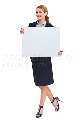 Buy stock photo A young businesswoman holding a placard and smiling