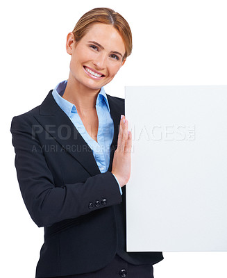 Buy stock photo Woman, portrait and poster mockup in studio for announcement, communication or news information. Female person, board and contact detail as corporate worker for about us signage on white background