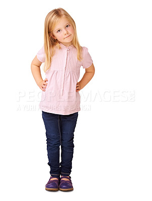 Buy stock photo Fashion, cute and portrait of child in studio with stylish, cool and trendy outfit for kids. Happy, sweet and full body of young girl model with casual style and positive attitude by white background