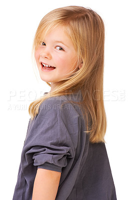 Buy stock photo A cute little girl smiling at the camera against a white background