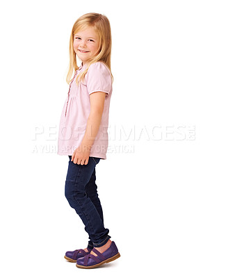 Buy stock photo Fashion, smile and portrait of child in studio with stylish, cool and trendy outfit for kids. Happy, cute and full body of young girl model with casual style and positive attitude by white background