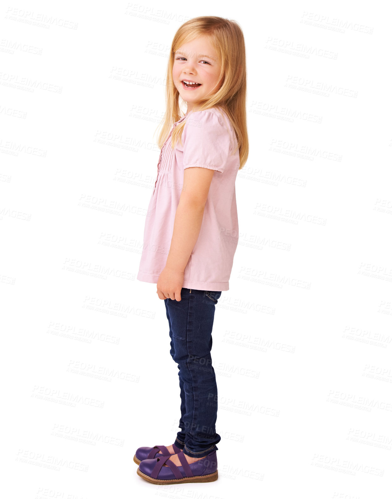 Buy stock photo Fashion, smile and portrait of child in studio with stylish, cool and trendy outfit for kids. Happy, cute and full body of young girl model with casual style and positive attitude by white background