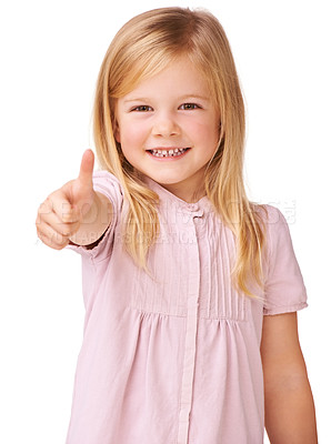 Buy stock photo Thumbs up, smile and portrait of child in a studio with positive, good and confident attitude. Happy, young and girl kid with approval, agreement or satisfaction hand gesture by white background.