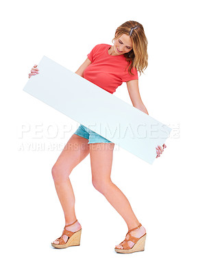 Buy stock photo Woman, poster mockup and studio for announcement news, information space or fashion sale. Female person, billboard and white background or communication for advertising, about us contact or show sign
