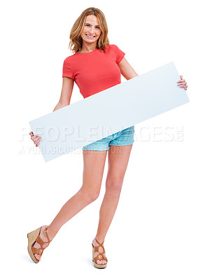 Buy stock photo Woman, portrait and poster mockup in studio for announcement news, information space or fashion sale. Female person, face and billboard or white background for communication, advertising or about us