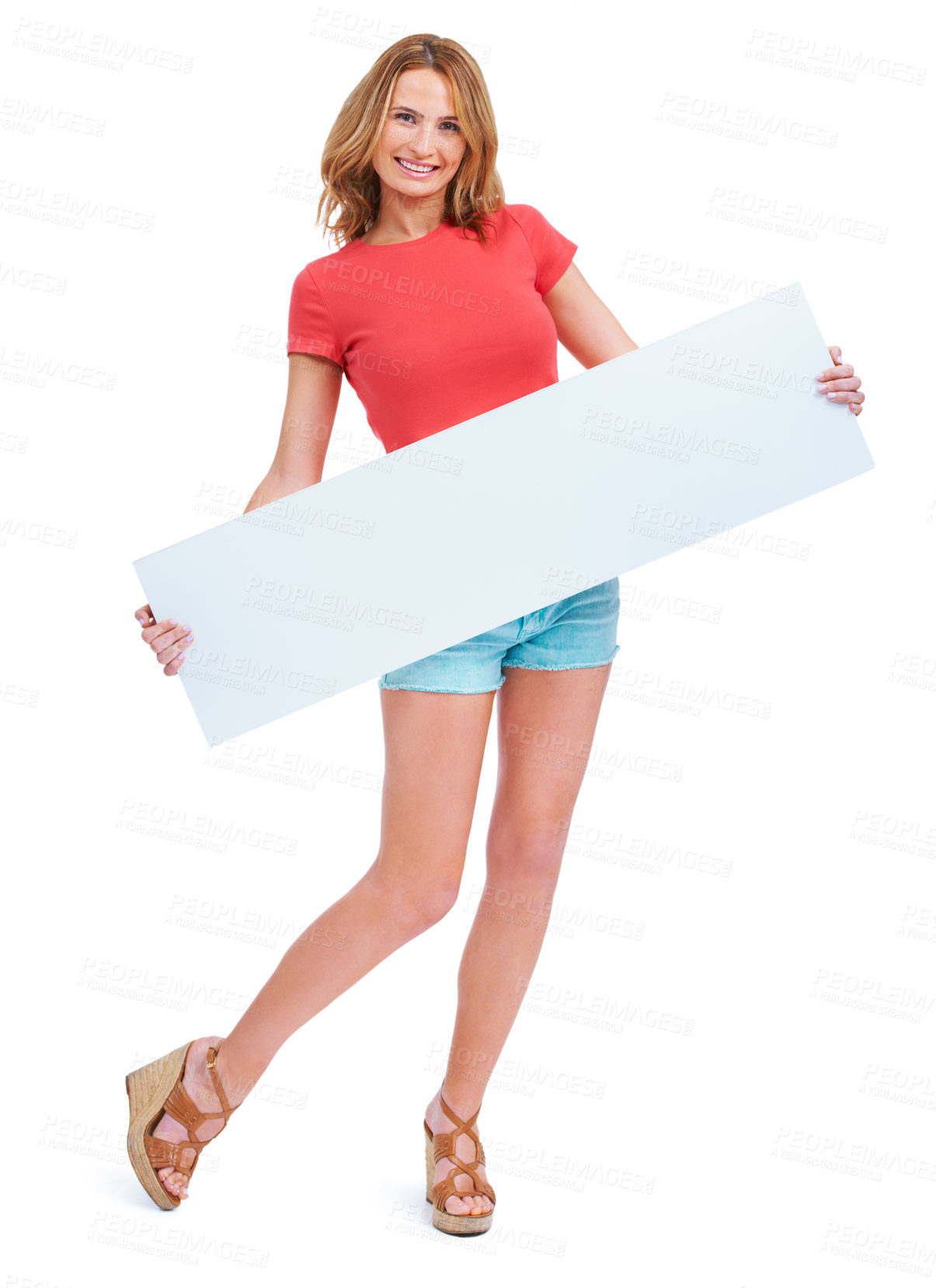 Buy stock photo Woman, portrait and poster mockup in studio for announcement news, information space or fashion sale. Female person, face and billboard or white background for communication, advertising or about us