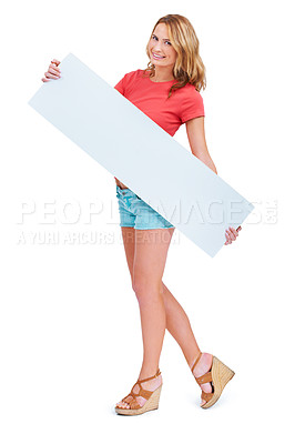 Buy stock photo Woman, portrait and poster mockup space for information in studio for signage news, sale announcement or contact. Female person, face and banner on white background, communication or advertising