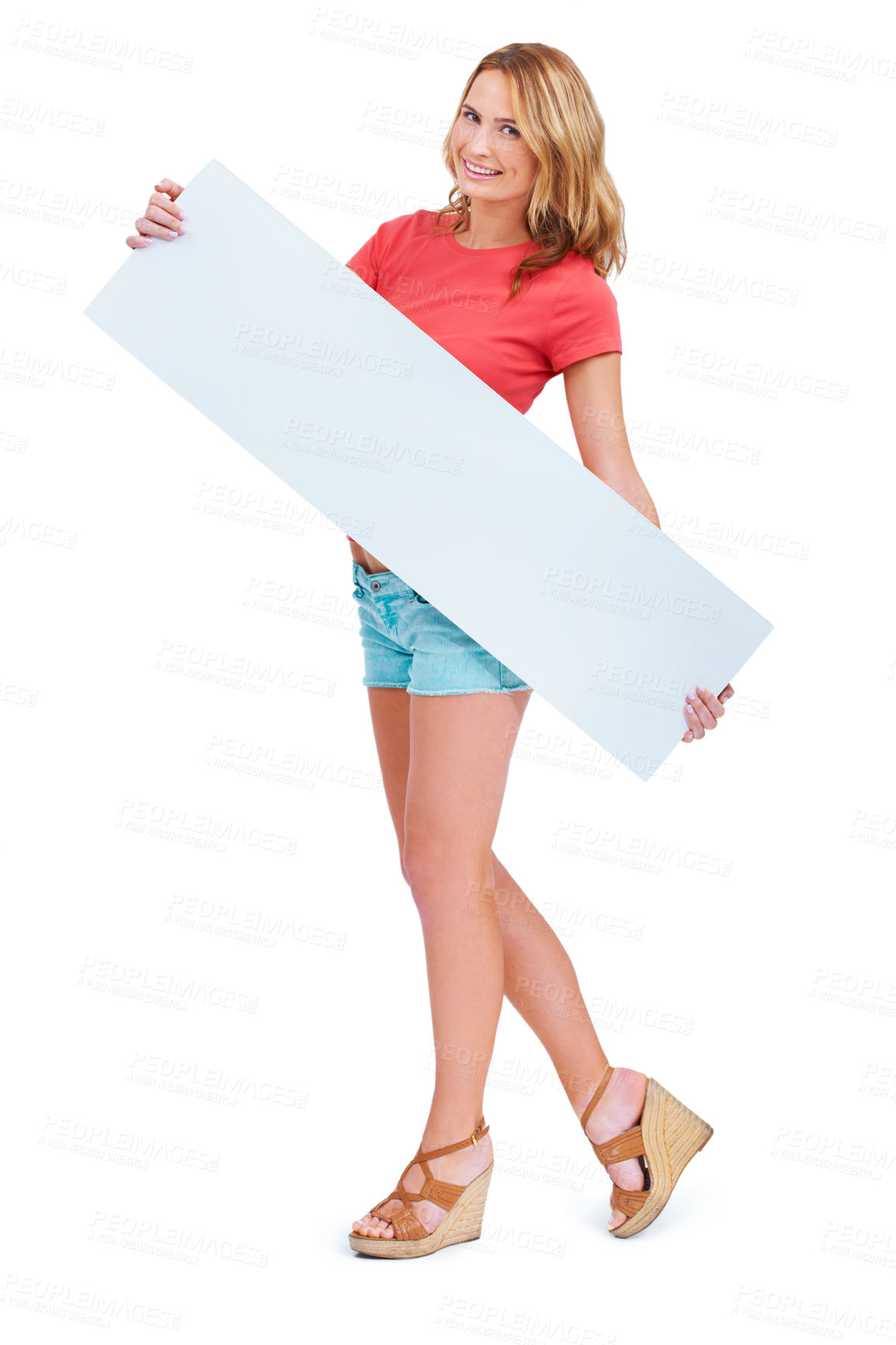 Buy stock photo Woman, portrait and poster mockup space for information in studio for signage news, sale announcement or contact. Female person, face and banner on white background, communication or advertising