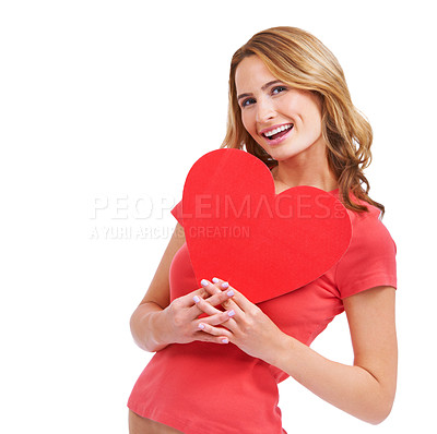 Buy stock photo A excited young woman holding a heart-shaped placard while isolated on a white background