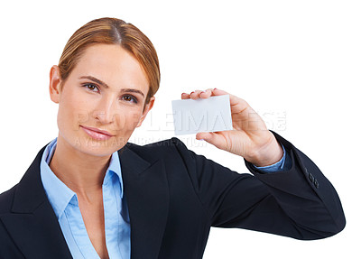 Buy stock photo A pretty businesswoman showing you her business card while isolated on white