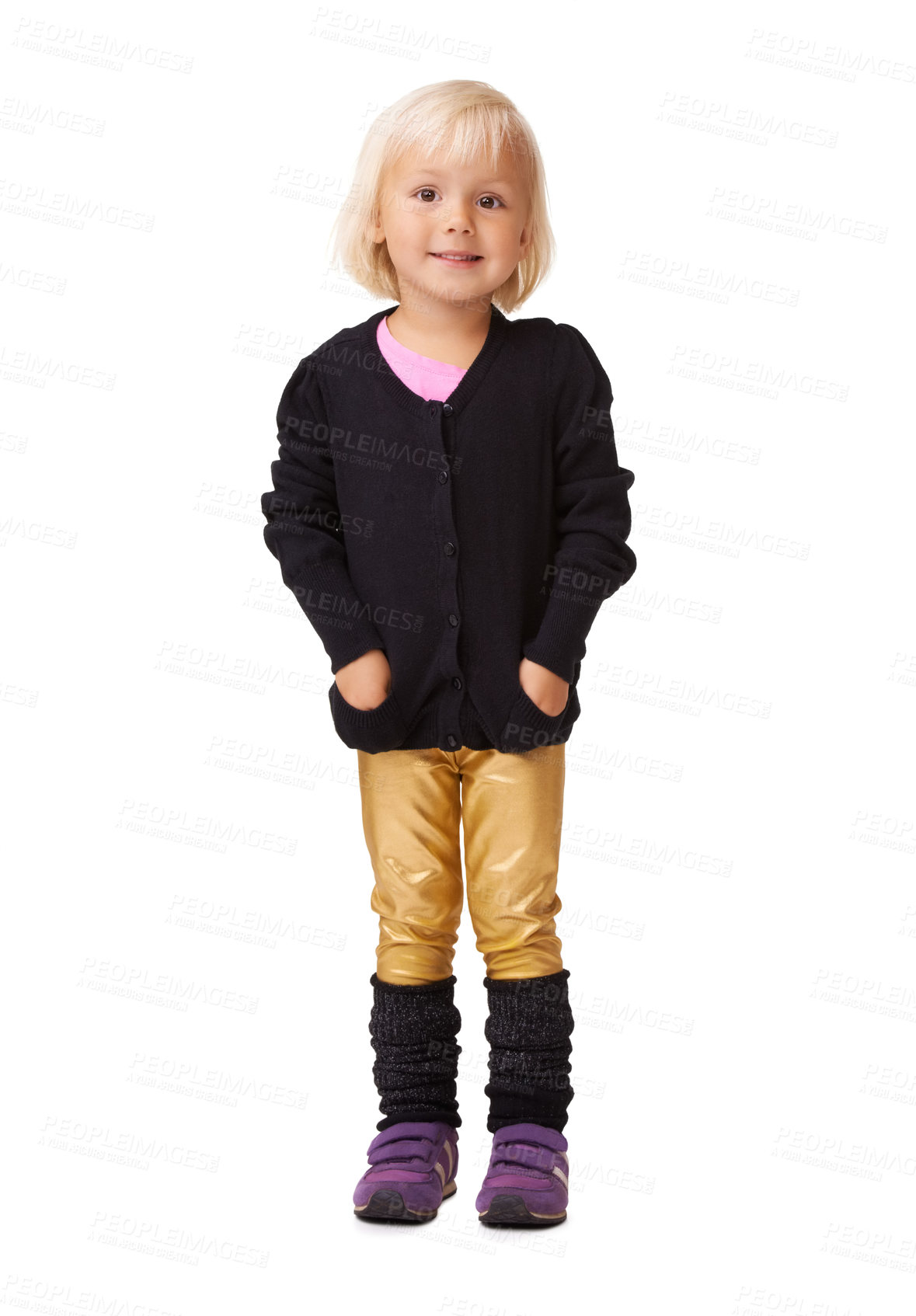 Buy stock photo Child, happy girl and portrait for fashion freedom with fun clothes, happiness and a smile. Young female kid with hands in cardigan pocket while isolated on a white background for cool attitude