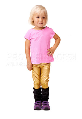 Buy stock photo Child, happy portrait and fashion of a girl posing for fun clothes, happiness and freedom in studio. Young female kid with a smile while isolated on a white background for cool clothes and hands