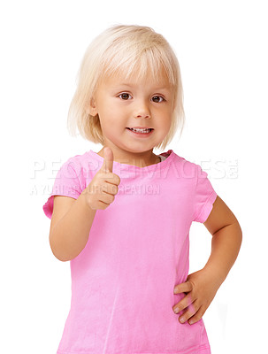 Buy stock photo Thumbs up, success and portrait of a baby with a smile for a win, yes or like on a white background in studio. Thank you, happy and girl kid with an emoji hand for agreement, winning and happiness