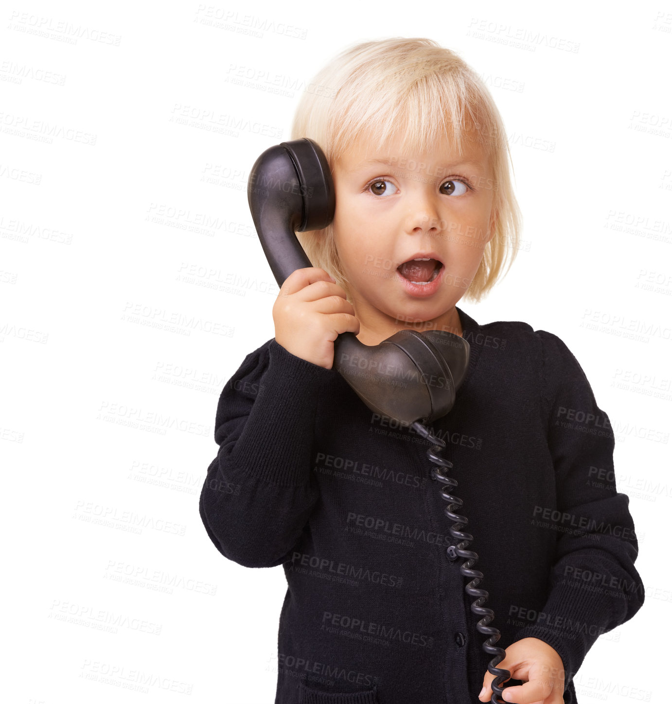 Buy stock photo Girl kid, vintage telephone and surprise on studio background of secret conversation, gossip or contact. Young child, retro phone call or connection with wow face for excited talk on white background