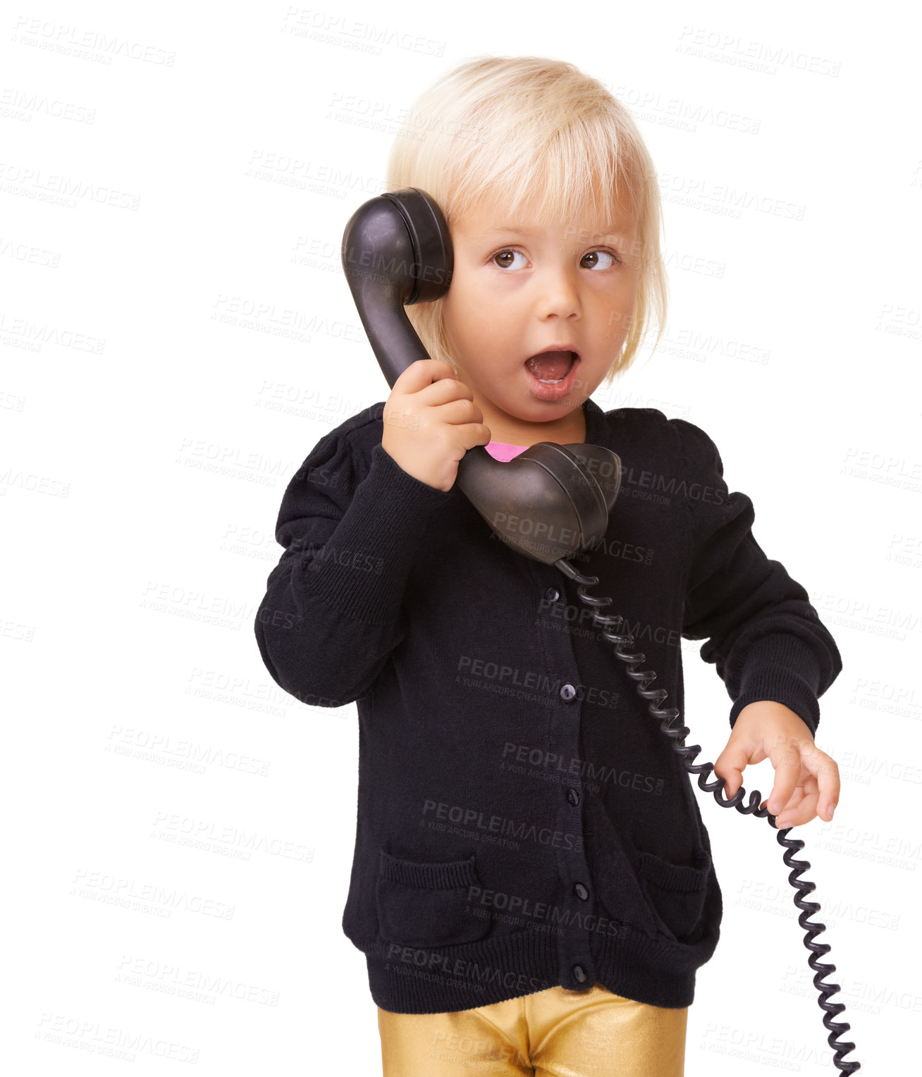 Buy stock photo Girl kid, retro telephone and talking on studio background of secret conversation, gossip and landline contact. Young baby child, vintage phone call and connection for speaking on white background