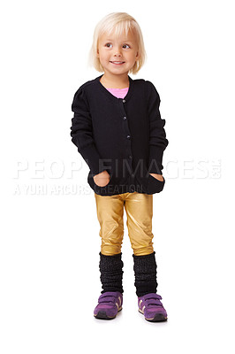 Buy stock photo Child, smiling and happy while thinking about fashion with fun clothes, happiness and freedom. Young female kid with a smile while isolated on a white background for cool attitude and mindset