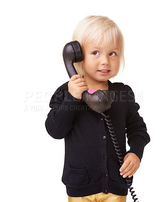 Buy stock photo Girl child, vintage telephone and studio background for speaking, conversation and contact. Cute young kid, retro phone call and communication on antique electronics, white background and landline