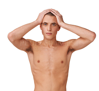 Buy stock photo Portrait, shirtless and masculine with a young man in studio isolated on a white background for health or wellness. Fitness, body and hygiene with a confident person standing topless for grooming